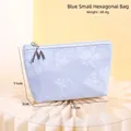 Light blue PU waterproof makeup bag with floral relief texture and silver M zipper - Small Blue Hexagonal Bag