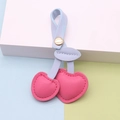 Pink heart-shaped cherry faux leather keychain with blue strap and golden snap button - Light Blue Stem Rose Fruit