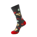 Detail view of dark grey mid-calf socks featuring colorful taco and chili pepper food prints - Dark Grey Taco (A863)