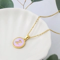 Minimalist gold stainless steel letter Z necklace with pink shell inlay on white plate - Pink-Z