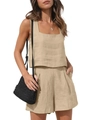 Ensemble d'été 2 pièces pour femme avec haut court sans manches et short en lin couleur beige - S / Kaki