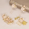 Detailed view of pink floral hairpins and combs set with gold wire and pearls - Hair Accessory Set / Coral Pink