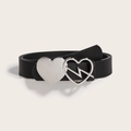 Women's black leather belt featuring a silver double heart buckle on gray background - 1328 Double Heart Lightning Buckle-Black