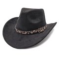Detailed view of black suede cowboy hat with leopard print belt and metal buckle - Black / M (56-58cm)