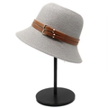 Detail of gray woven sun hat featuring double brown faux leather straps and gold buckle - M (56-58cm) / Gray