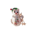 Detailed view of enamel snowman brooch with white crystals and holiday colors - Skiing Snowman