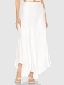 Detail of elegant white satin midi skirt featuring exquisite lace patchwork on the side - S / White