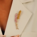Pastoral gold wheat brooch with pink and yellow crystals on a beige blazer collar - Pink Style (WG-0768)