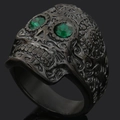 Vintage men's Viking Mjolnir skull ring with green gemstone eyes and gothic carvings - US 8 / Black