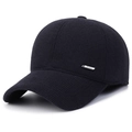 Black wool knit baseball cap with ear flaps and metallic fashion emblem on the side - Adjustable / Navy Blue
