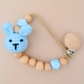 Blue crochet bunny pacifier clip with natural beechwood beads and silicone accents - Blue