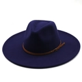 Close-up of deep blue wool fedora with a thin brown leather band and metal buckle detail - Navy Blue
