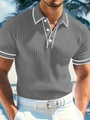 Men's grey vertical ribbed knit polo shirt with short sleeves and three-button placket - 3XL / Gray