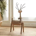 Handmade wooden Christmas reindeer ornament with burlap texture and festive metal bells - Style A (28cm) / Without Lights