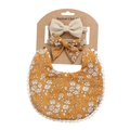 Linen cotton baby bib set with yellow floral print and matching bow headbands - Ginger Yellow Floral