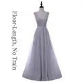 Elegant grey V-neck evening gown featuring intricate lace embroidery and sleeveless design - L / Grey Floor Length