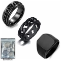 Three-piece black stainless steel ring set for men featuring a rotating chain and signet ring - US 7 / Black