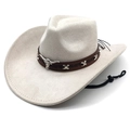Detail of faux suede cowboy hat with brown leather band and silver bull skull buckle - M(56-58cm) / Beige