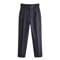 Pantalón casual de cintura alta para mujer en gris oscuro con cinturón de tela a juego - XS / Efecto Lino Negro