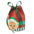 Detail einer Weihnachts-Geschenkbox mit Elfen-Motiv und grüner Satinschleife - Weihnachtself