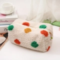 Trousse à maquillage blanche en polaire teddy à pois colorés et charm marguerite - Sac Boîte Octogonal à Pois