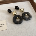 Irregular dark grey acrylic drop earrings with gold metal accents on beige linen cloth - Black Grey Earrings (Silver Pin)