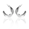 Silver liquid metal distorted C-shape hoop earrings with a polished mirror finish - Silver XLEH022-1 (Flowing Twist)