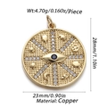 Gold round Evil Eye pendant with clear zircon and symbolic engravings on copper base - CX140-1 (Multi-Symbol Eye Disk)