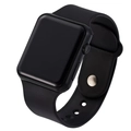 Detail of a sleek black LED digital watch with a square screen and silicone strap - All Black Single Watch