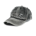 Close-up of distressed washed denim baseball cap with vintage frayed holes and texture - Adjustable / Black