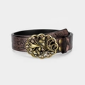 Vintage donkerbruine leren riem met antieke bronzen bijengesp versierd met strasstenen - Bijen & Bloemen Stijl