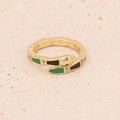 Macro detail of gold snake ring with green and black enamel and zircon accents - Adjustable Open / Black & Green Enamel Snake Style (2#)