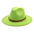 Detail of neon green wool fedora hat featuring a brown band and metal sun skull emblem - M (56-58cm) / Fruit Green