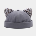Retro grey docker cap with leopard print cat ears and high-quality canvas texture - Fog Blue