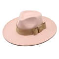 Pink wide brim wool fedora hat for women with ribbon band and gold bee buckle - M (56-58cm) / Warm Pink