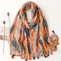 Elegant lightweight linen-feel scarf with leaf patterns and colorful tassels - Grey Orange & Pink Abstract Leaves (SL2210-014)
