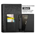 Black cross-grain PU leather passport holder with card slots and pen loop for travel - Black