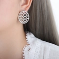 Silver hollow mesh round drop earrings in polished stainless steel on female model - F968-Steel Color Earrings / Steel