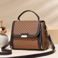 Borsa a mano marrone a scacchi in PU con tracolla scura e dettagli in metallo oro - Giallo Terra/Griglia