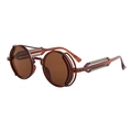 Retro Steampunk round sunglasses with amber frames and metallic industrial spring temples - Tea Frame Tea Lens
