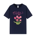 Dunkelblaues Muttertags-T-Shirt mit rosa Tulpen und Happy Mother's Day Aufdruck - XS / Tulpen-Druck / Marineblau