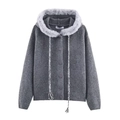 Dark grey hooded knit cardigan with plush faux fur trim and braided drawstrings - S / Gray