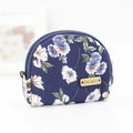 Floral semicircular coin purse in navy blue canvas with metal keyring and handmade label - Blue Morning Glory