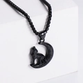Collar con colgante de lobo y luna vikinga en acero inoxidable negro sobre piedra blanca - Juego de Collar con Colgante (Con Cadena) / Negro