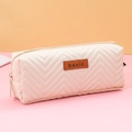 Minimalist cream-colored quilted pencil case with wave pattern and leather basic label - Chevron Quilted / Quilted Beige