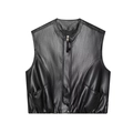 Women's black washed PU leather vest with zipper and snap closure on white background - XS / Black