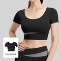 Yoga-Set in Sternenschwarz mit Kurzarm-Crop-Top und High-Waist-Leggings mit grauen Akzenten - S / Oberteil Und Unterteil / Sternenschwarz