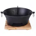 Stufa a carbone portatile in ghisa nera con maniglie laterali e base in legno - Stufa a carbone 30CM con tavola di legno