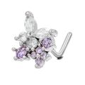 L-shaped silver nose stud with flower design and purple cubic zirconia stones - BD00466 Silver/Flower Cluster Purple CZ