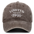 Macro shot of white Limited Edition 1998 embroidery on a tan washed cotton baseball cap - Adjustable / Coffee